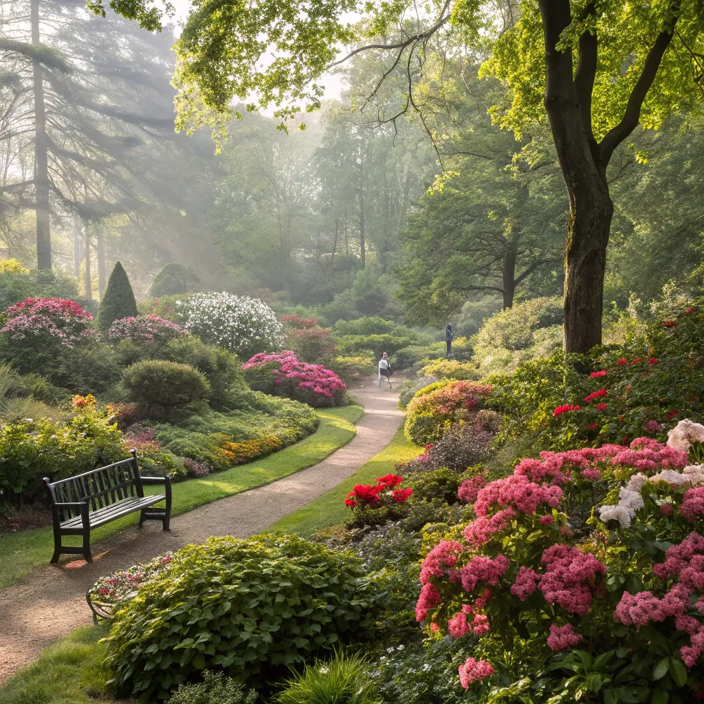 A lush garden with blooming flowers and greenery